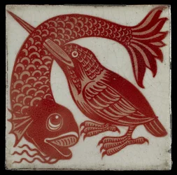 Fliese mit Eisvogel mit Schnabel durch Fisch, 1882-88